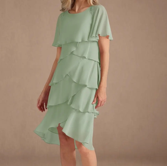 New🎀Plus size Azazie Rita dusty sage flowy chiffon asymmetric tiered Beads - Picture 9 of 10